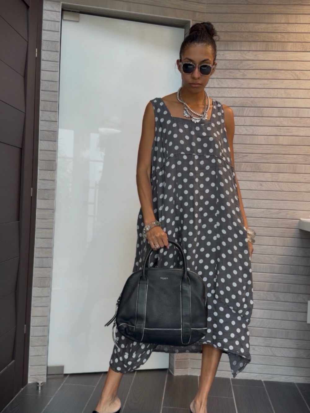 Sleeveless Gray Polka Dot Asymmetrical Midi Dress